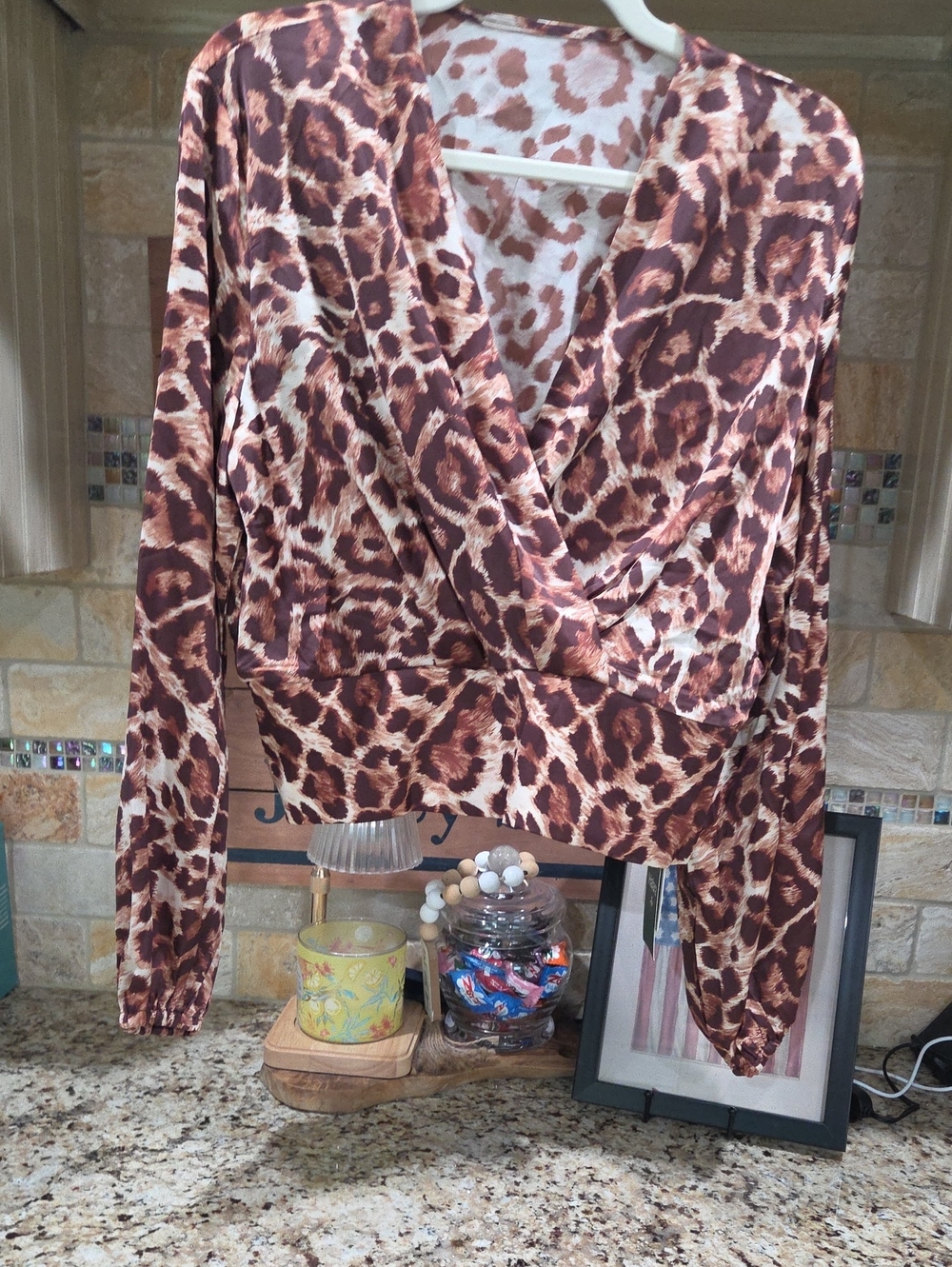 HALARA Brown Leopard Print Surplice Long Sleeve Top.Size Large